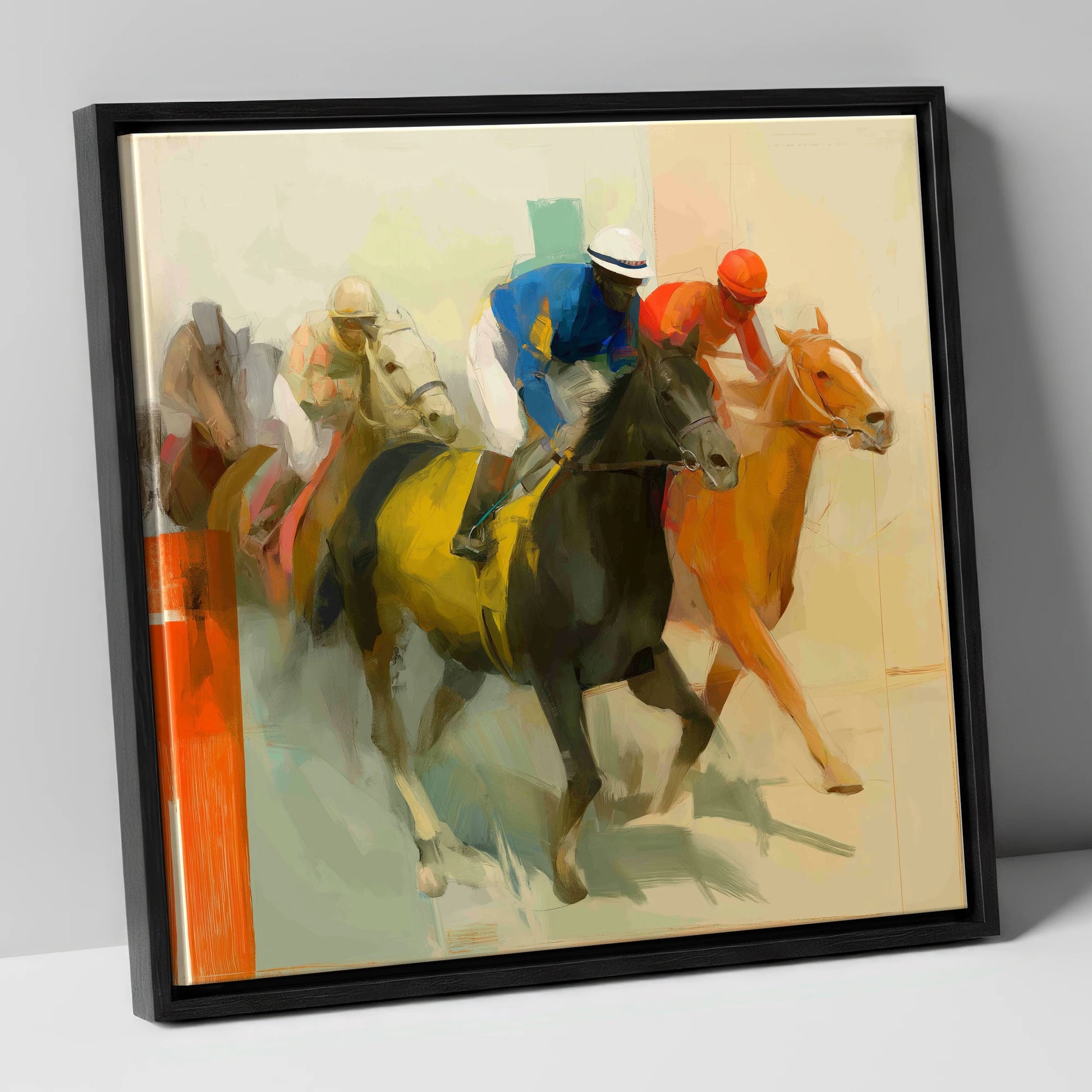 Colours of the Turf racing horse canvas wall art in black frame