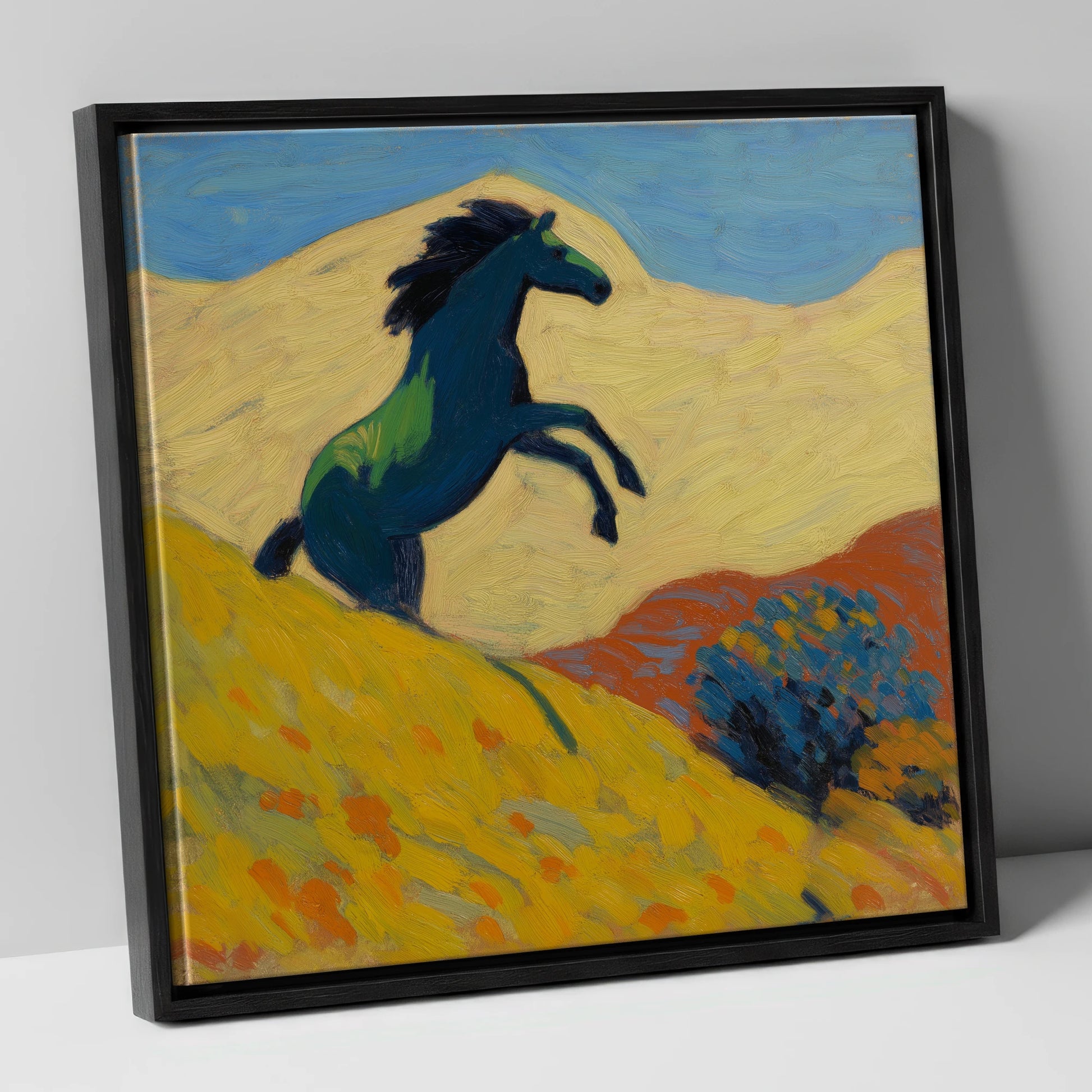 Rearing Indigo wild horses canvas wall art in black frame