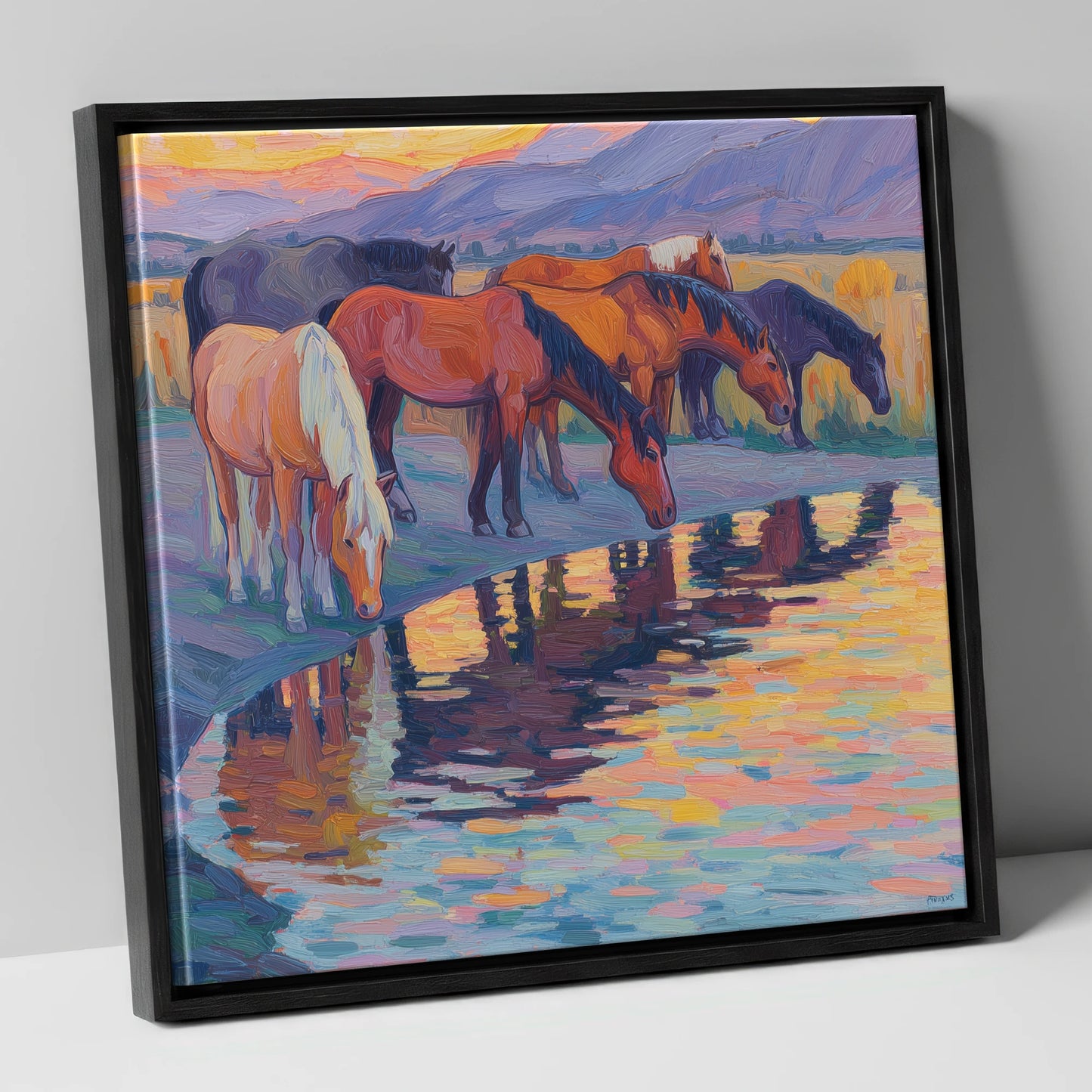 Reflections at Dusk wild horses canvas wall art in black frame