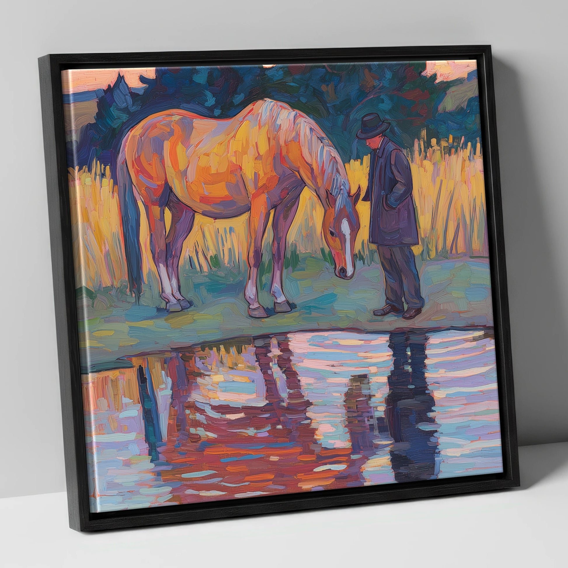 Quiet Reflections horse & rider canvas wall art in black frame