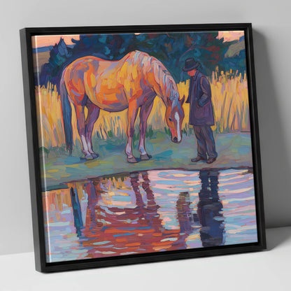 Quiet Reflections horse & rider canvas wall art in black frame