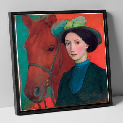 Crimson and Teal Bond horse & rider canvas wall art in black frame
