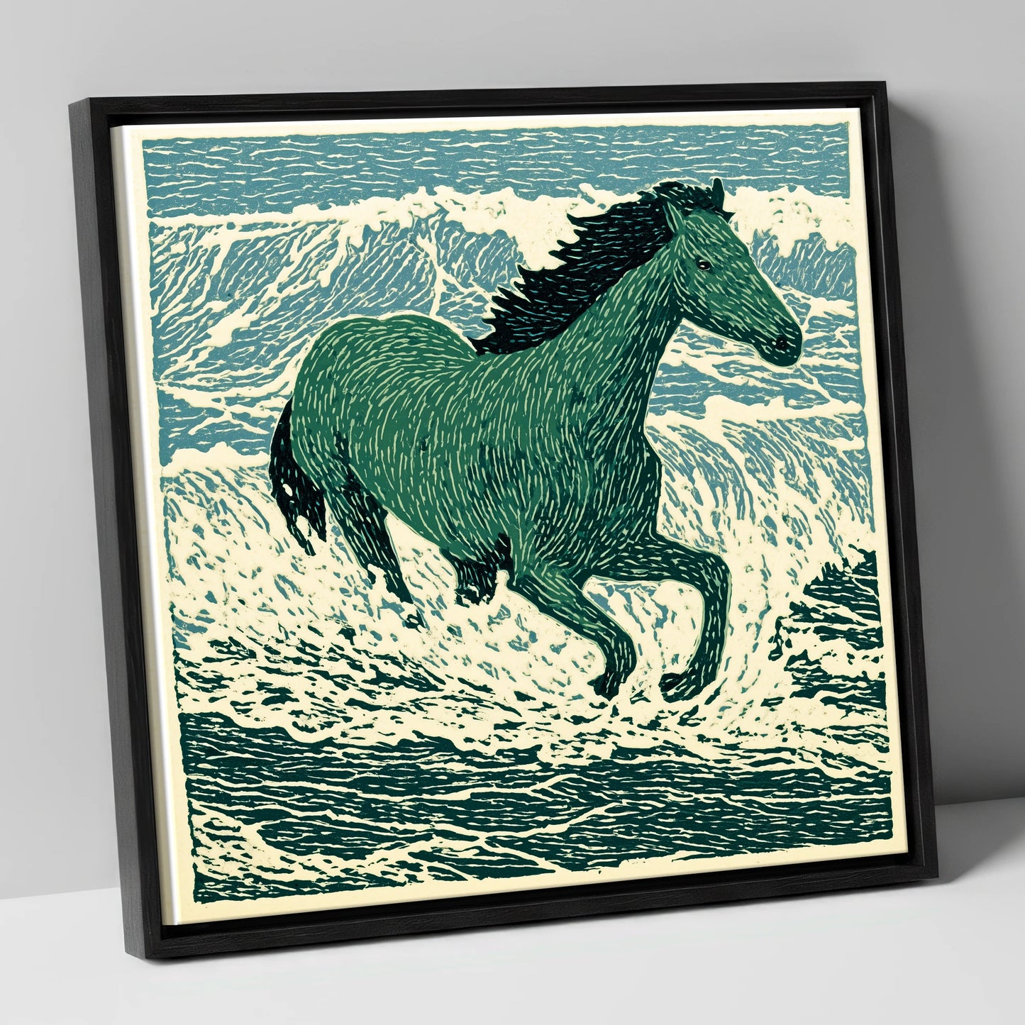 Emerald Surf Canter beach horse canvas wall art in black frame