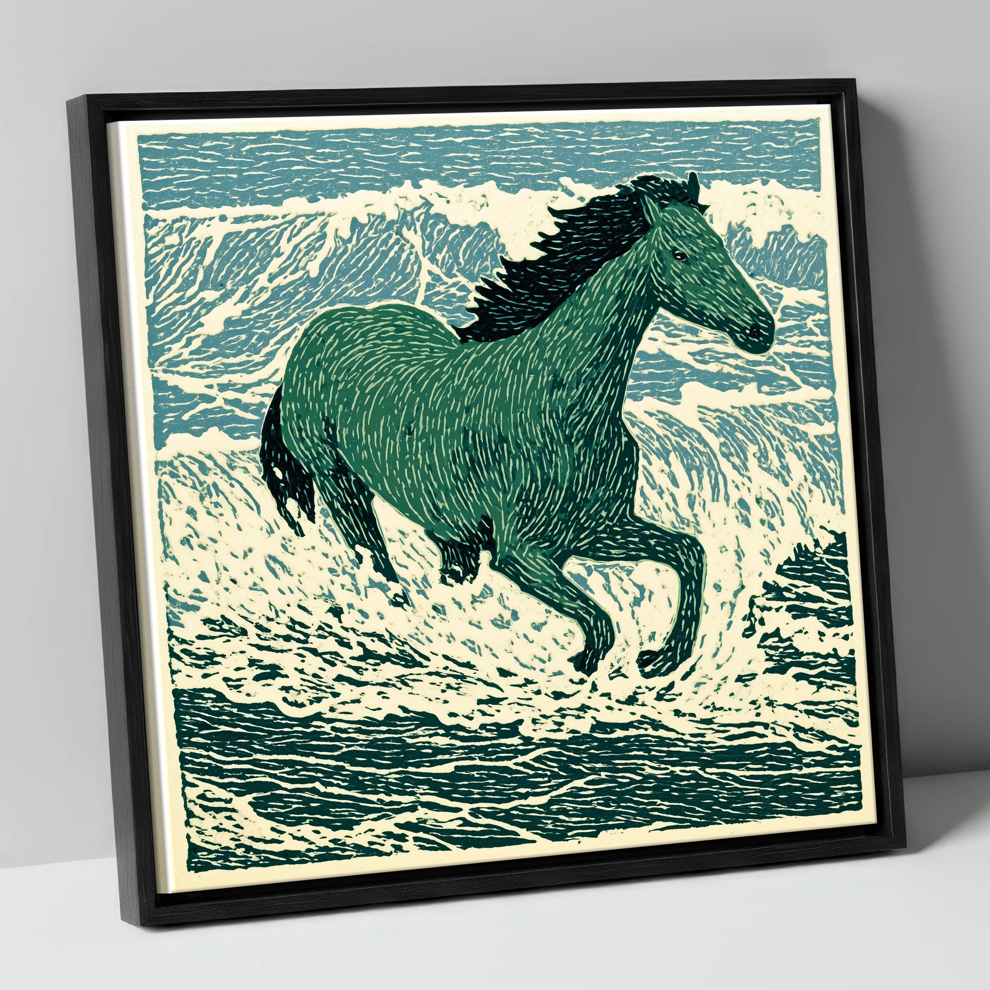 Emerald Surf Canter beach horse canvas wall art in black frame
