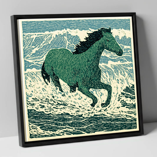 Emerald Surf Canter beach horse canvas wall art in black frame