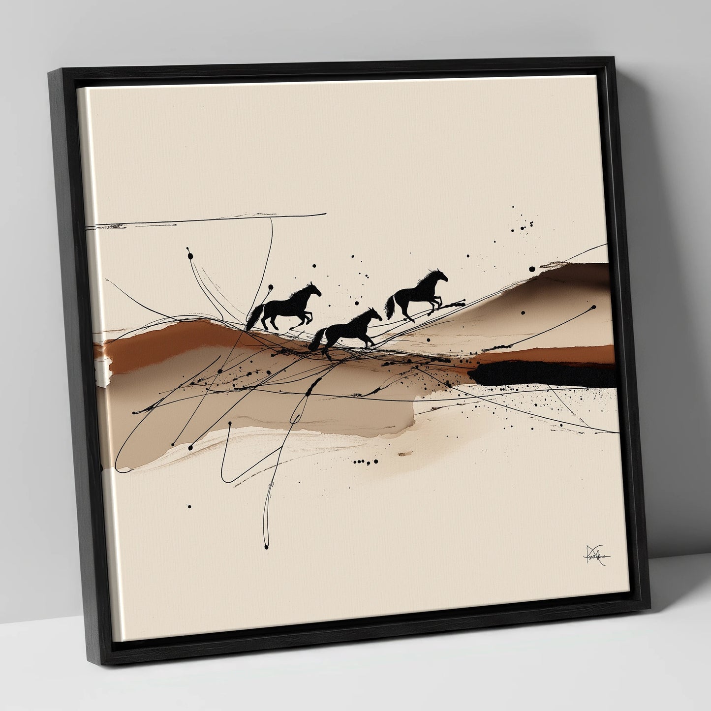 Abstract Sepia Gallop wild horses canvas wall art in black frame