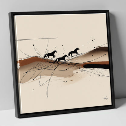 Abstract Sepia Gallop wild horses canvas wall art in black frame