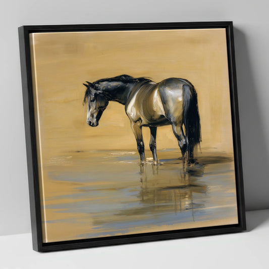 Reflection in Ochre horse portrait canvas wall art in black frame