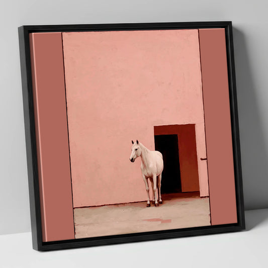 The Pink Courtyard horse stable canvas wall art in black frame