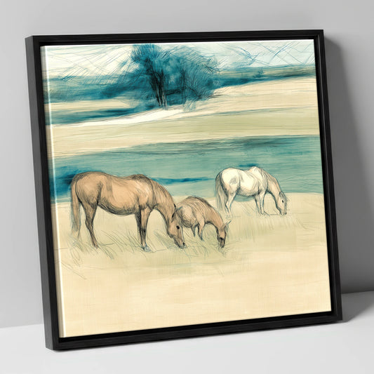 Tranquil Teal Pastures mare & foal canvas wall art in black frame