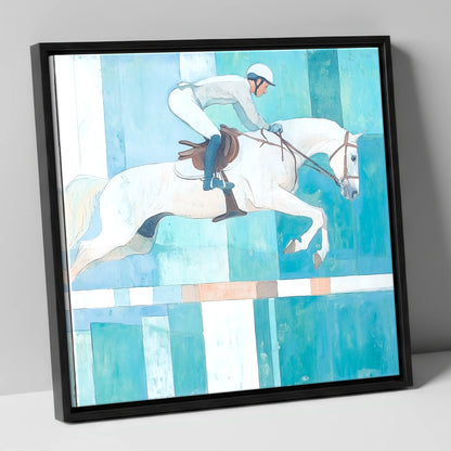 Aquamarine Ascent show jumping horse canvas wall art in black frame
