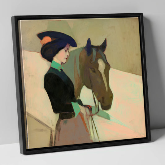 The Elegant Equestrienne horse & rider canvas wall art in black frame