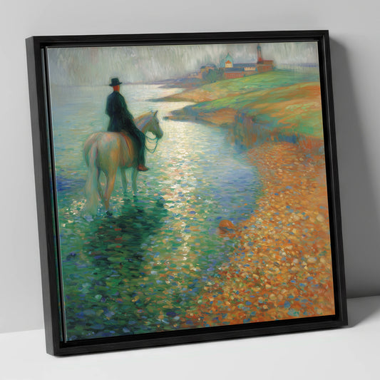 The Shimmering Shore beach horse canvas wall art in black frame