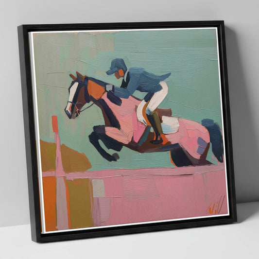 Apex of the Arc show jumping horse canvas wall art in black frame