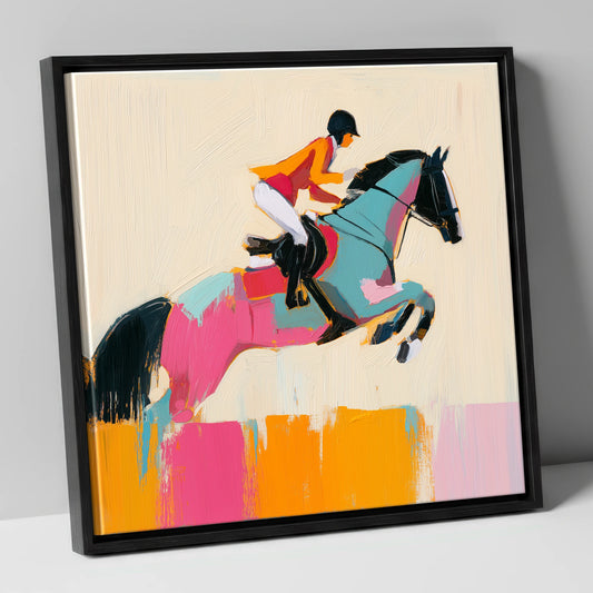 Technicolour Flight show jumping horse canvas wall art in black frame