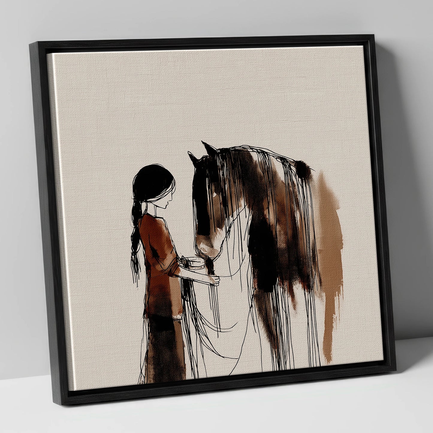 A Quiet Understanding horse & rider canvas wall art in black frame