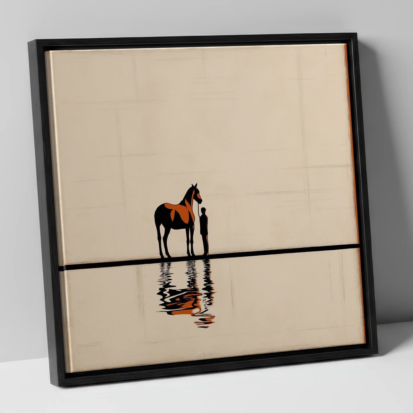 Reflected Bond horse & rider canvas wall art in black frame