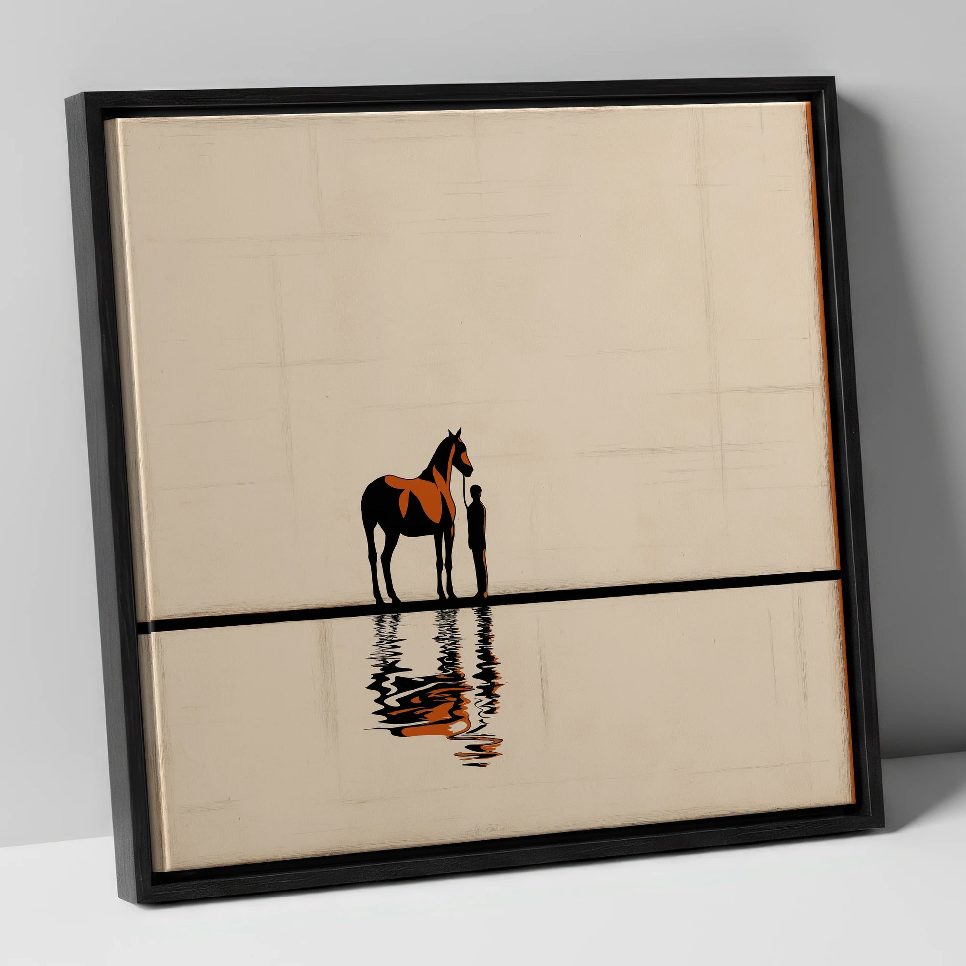 Reflected Bond horse & rider canvas wall art in black frame