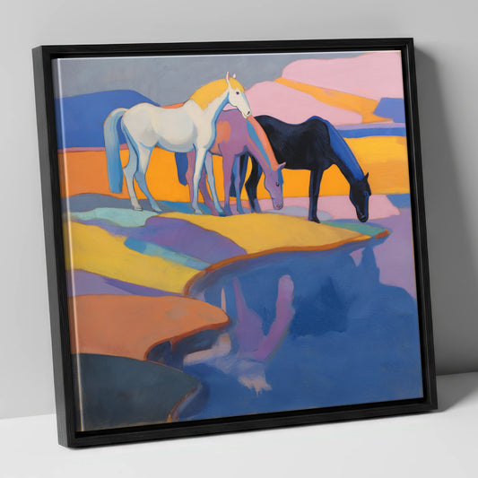 Colours of the Waterhole wild horses canvas wall art in black frame