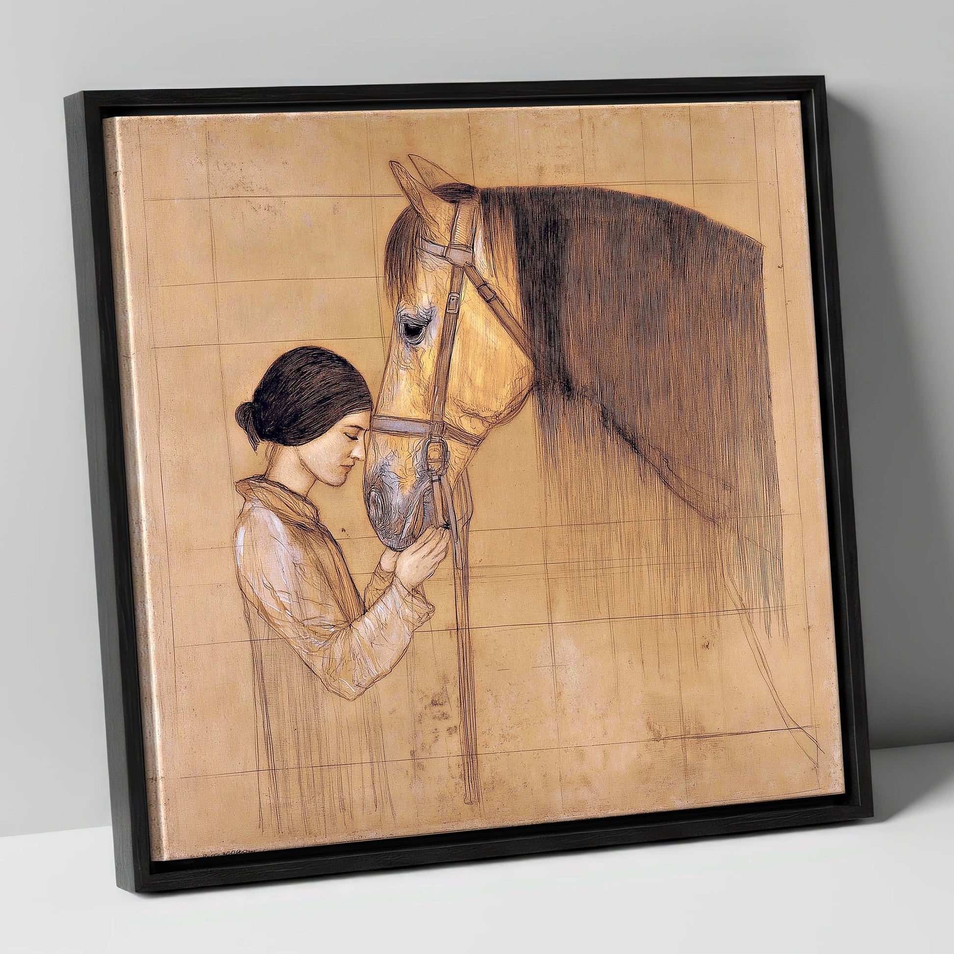 The Silent Bond horse & rider canvas wall art in black frame