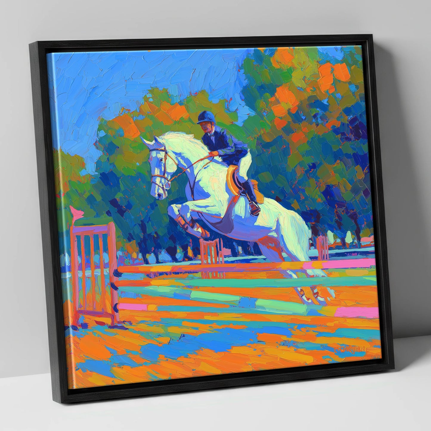 Vibrant Showjumping Leap show jumping horse canvas wall art in black frame