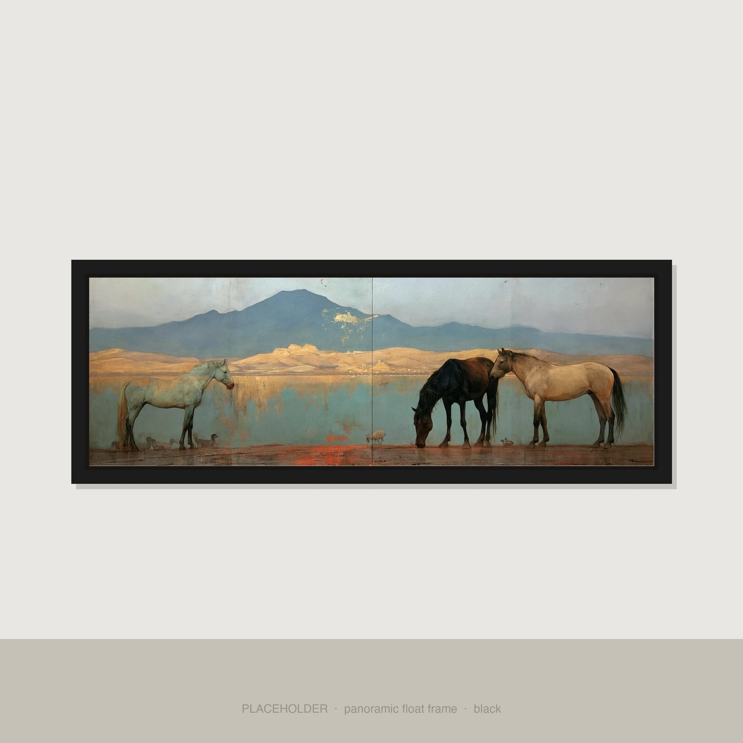 Gilded Shoreline Reflections Horse Landscape panoramic canvas wall art in black float frame