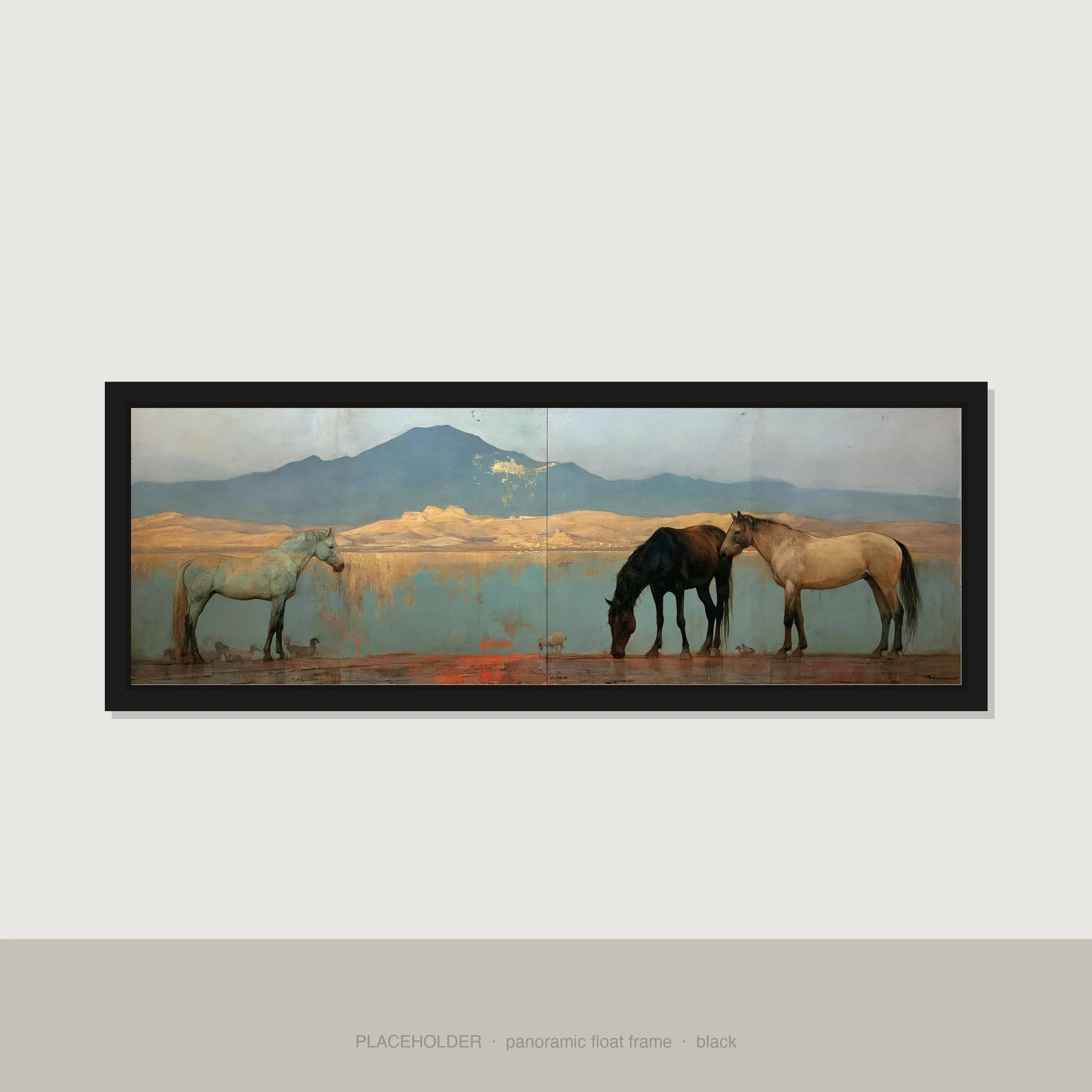 Gilded Shoreline Reflections Horse Landscape panoramic canvas wall art in black float frame