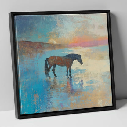 Silent Waters horse landscape canvas wall art in black frame