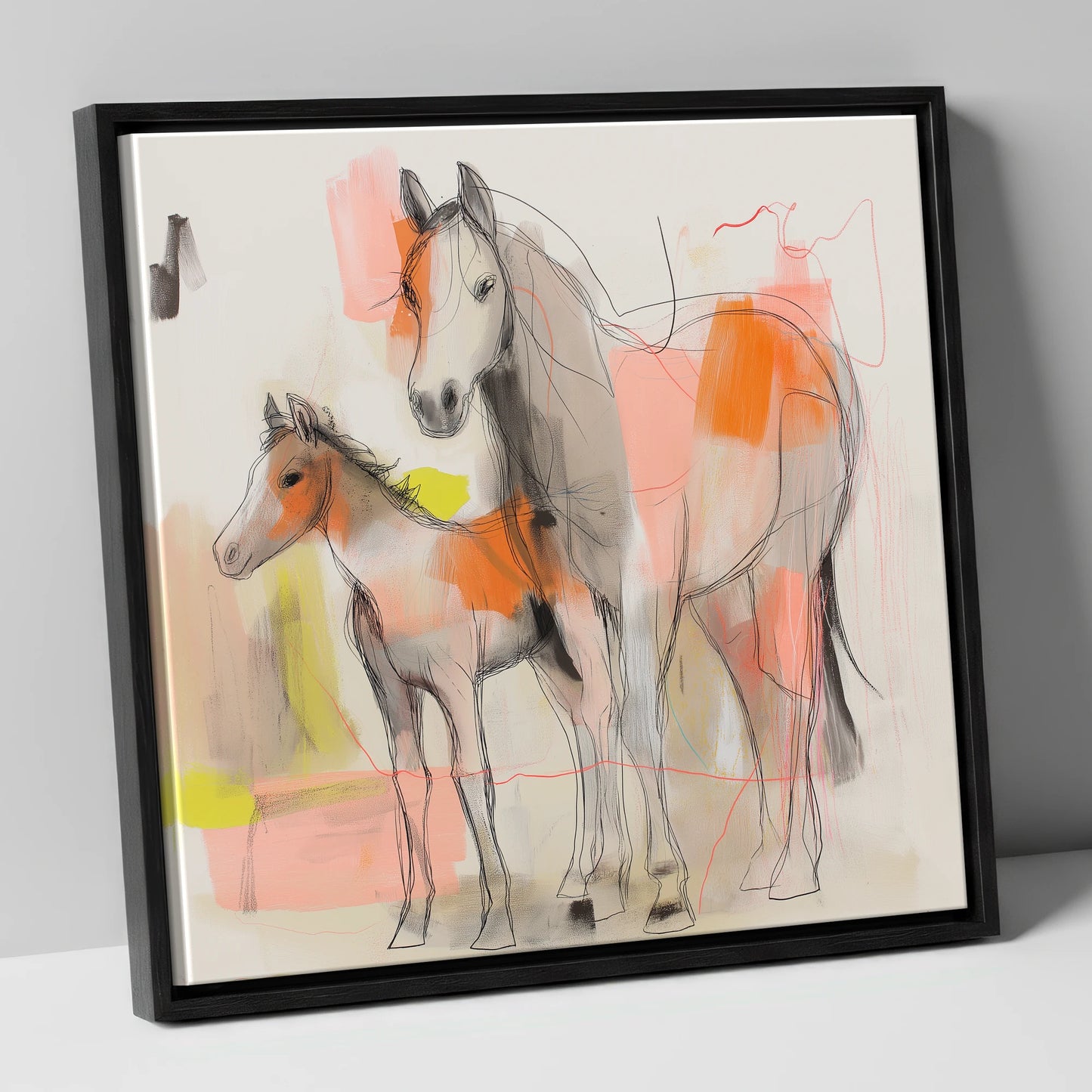 Contemporary Bond mare & foal canvas wall art in black frame