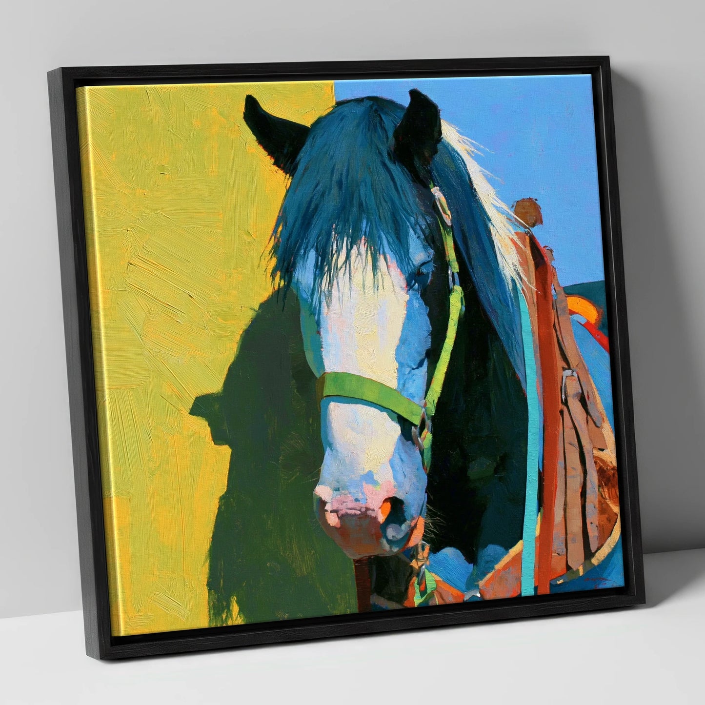 Tacked Horse Against Yellow Wall horse breed canvas wall art in black frame