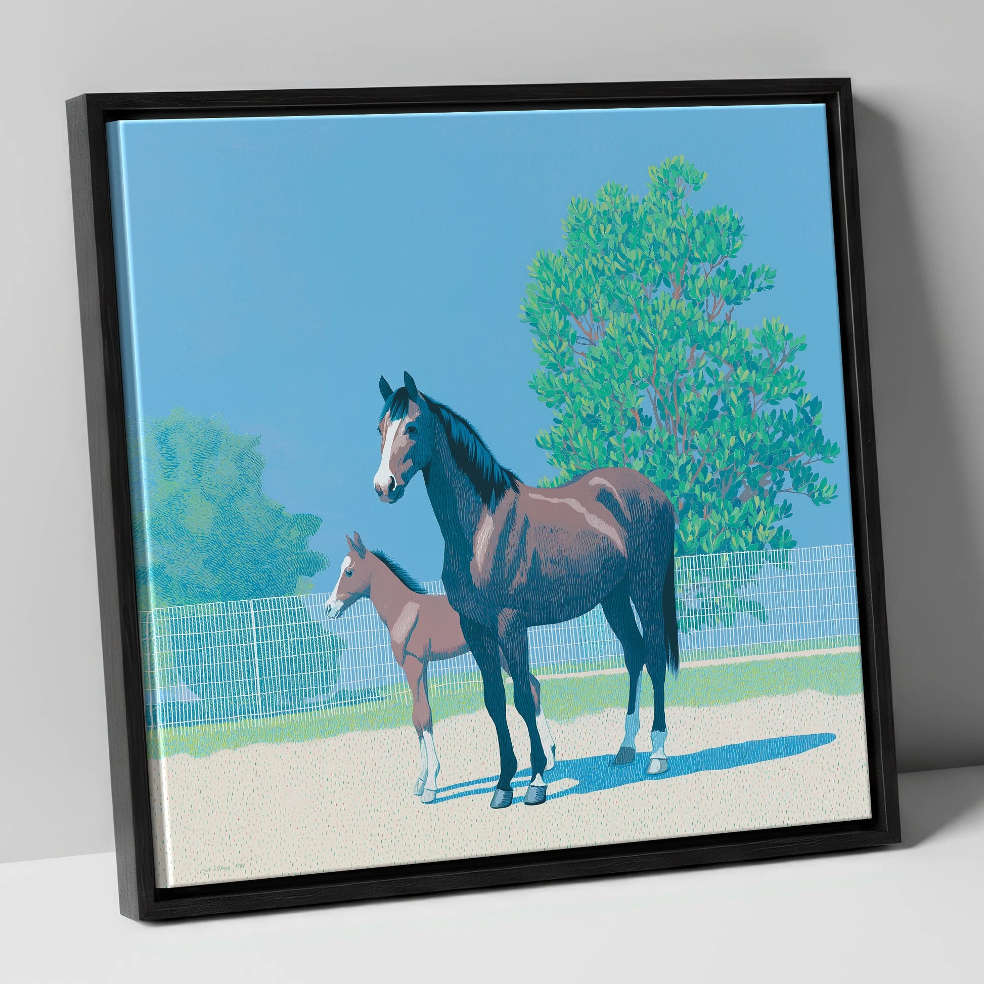 Summer Paddock Serenity mare & foal canvas wall art in black frame