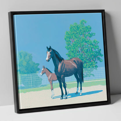Summer Paddock Serenity mare & foal canvas wall art in black frame