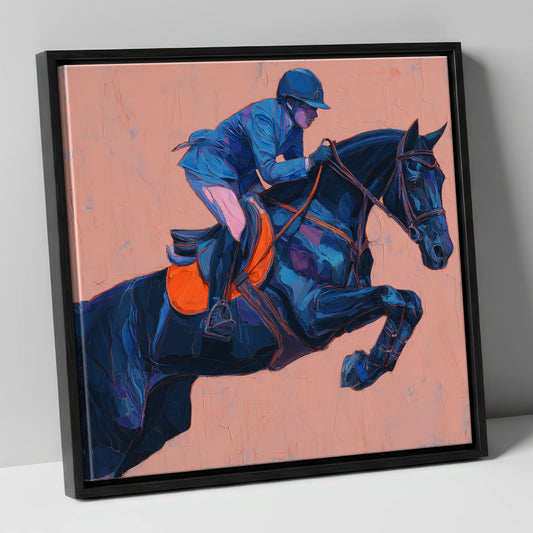 Indigo Ascending show jumping horse canvas wall art in black frame