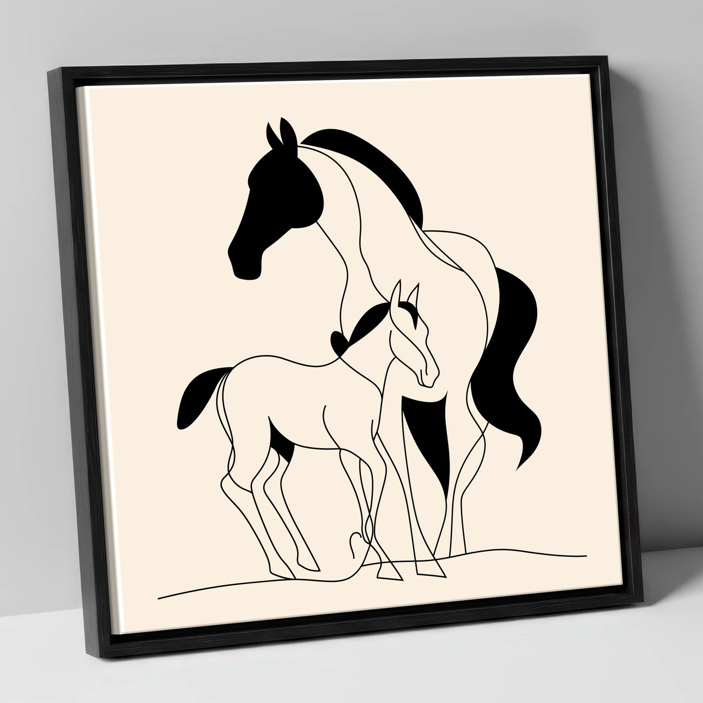 Tender Bond Line Art mare & foal canvas wall art in black frame