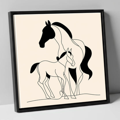 Tender Bond Line Art mare & foal canvas wall art in black frame