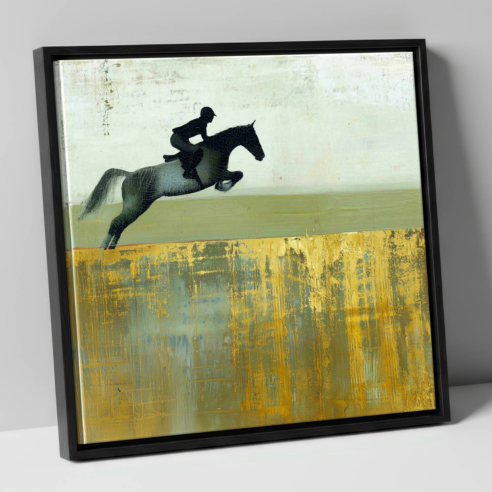 Golden Momentum show jumping horse canvas wall art in black frame