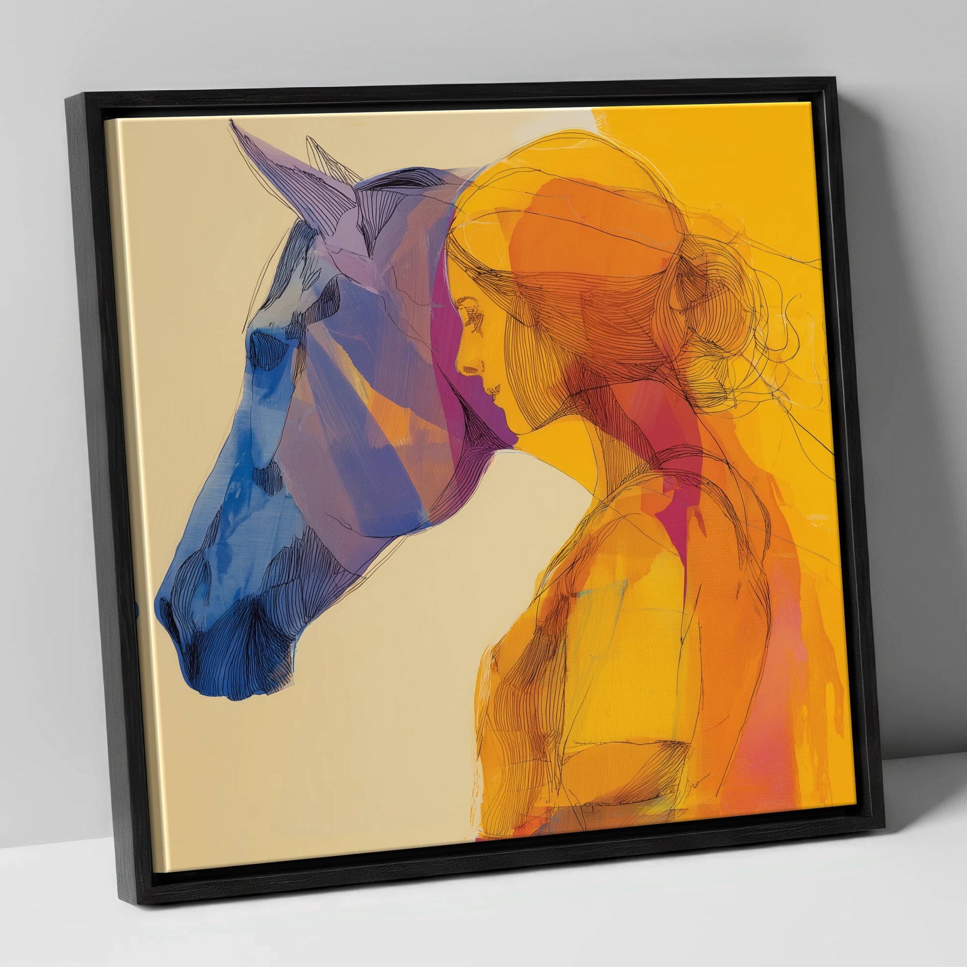 Vibrant Bond horse & rider canvas wall art in black frame