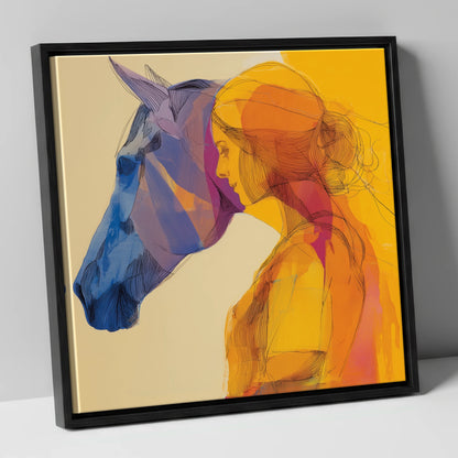 Vibrant Bond horse & rider canvas wall art in black frame