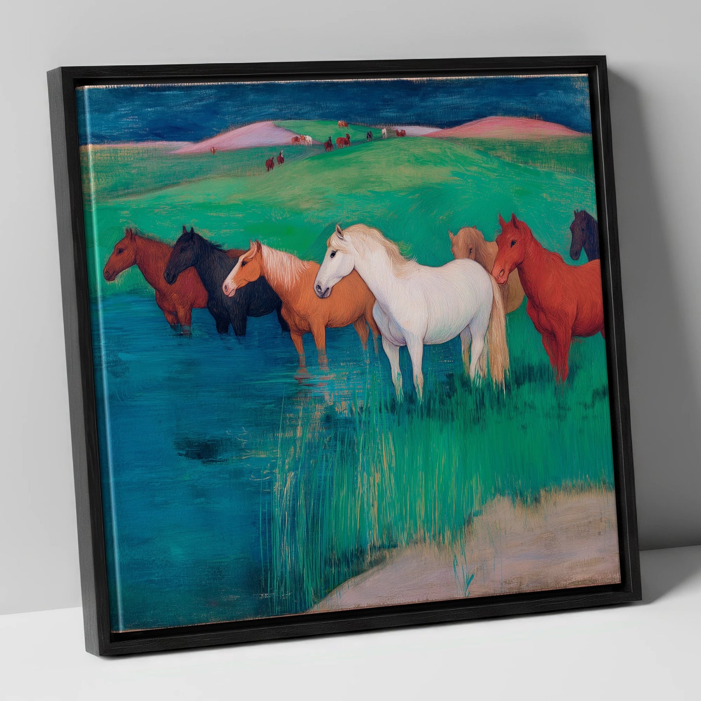 The Emerald Shallows wild horses canvas wall art in black frame