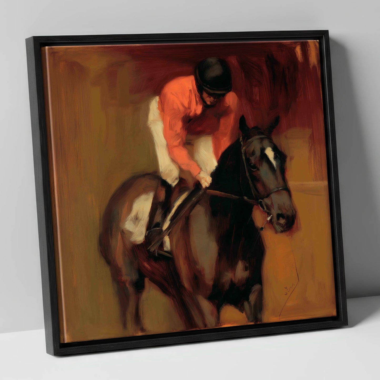 Trackside Shadows racing horse canvas wall art in black frame