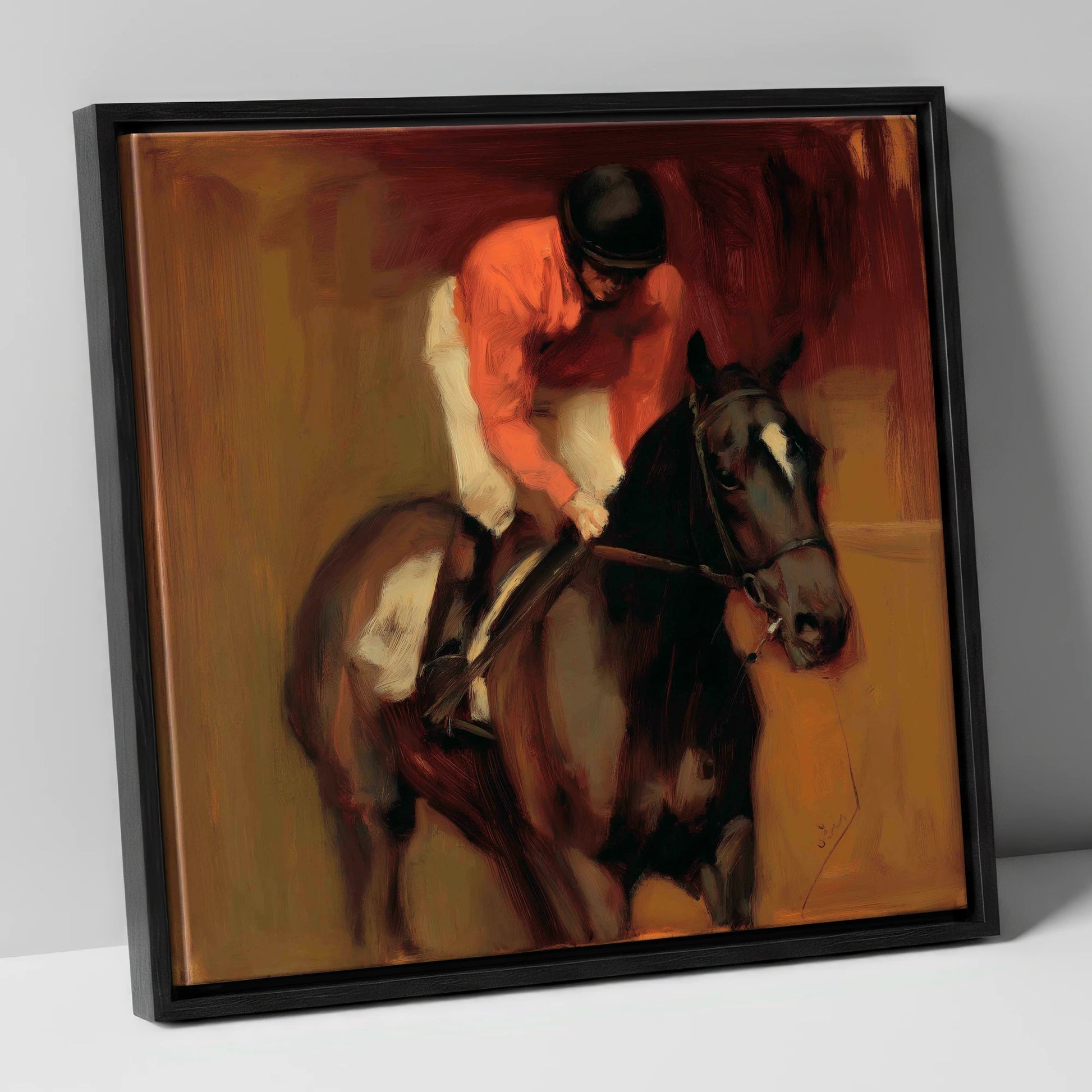Trackside Shadows racing horse canvas wall art in black frame