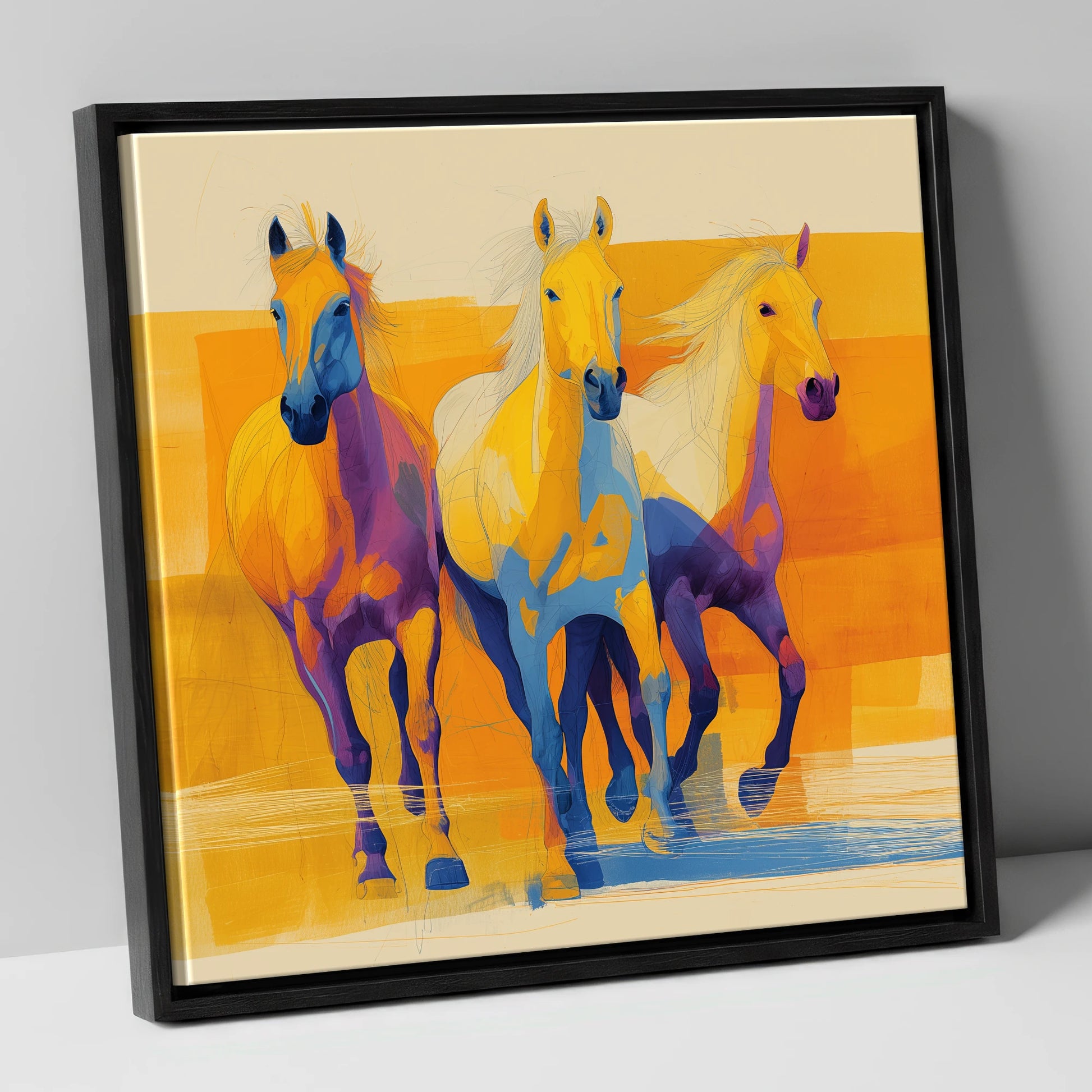 Three Vibrant Strides horse landscape canvas wall art in black frame