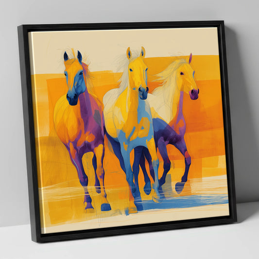 Three Vibrant Strides horse landscape canvas wall art in black frame