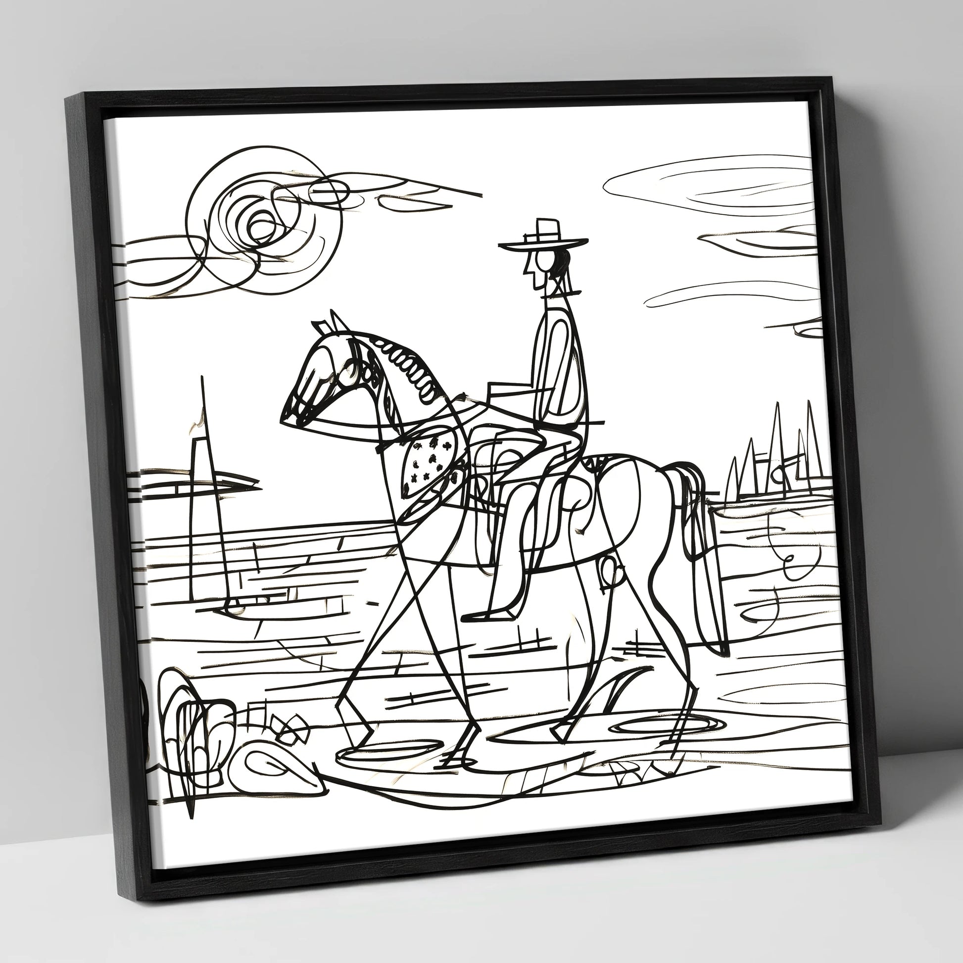Abstract Coastal Ride beach horse canvas wall art in black frame