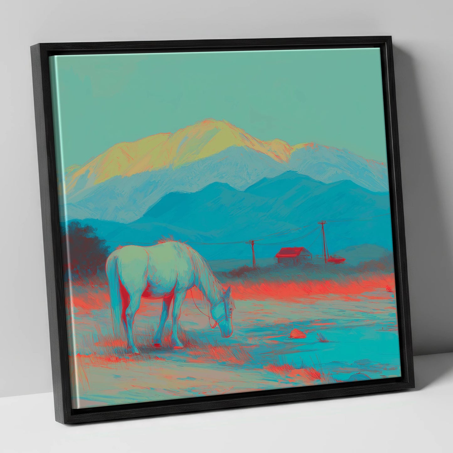 Electric Mountain Grazing horse landscape canvas wall art in black frame