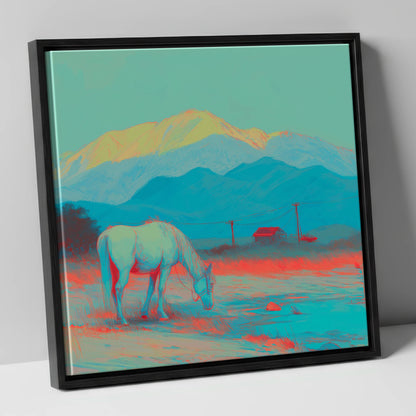 Electric Mountain Grazing horse landscape canvas wall art in black frame