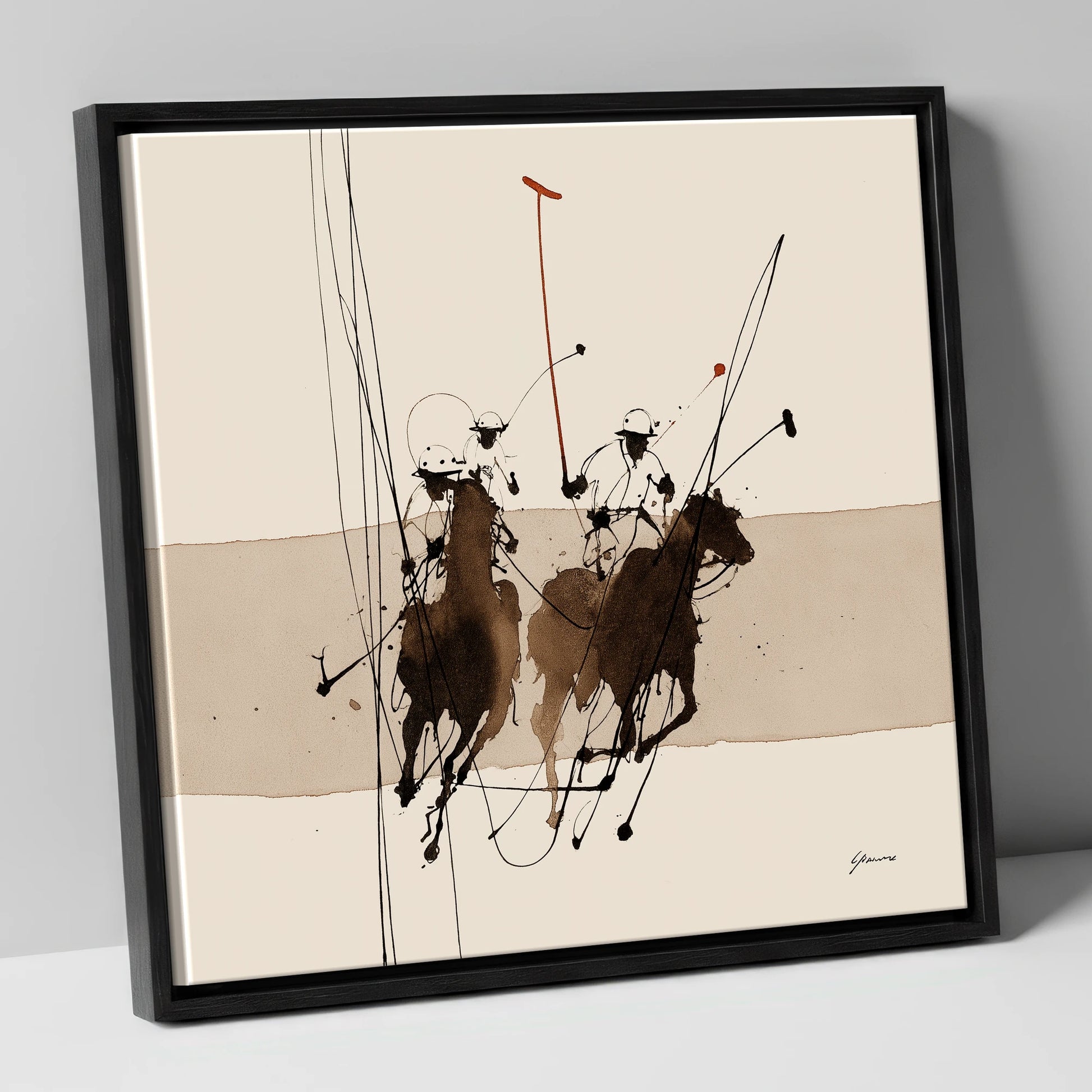 Polo in Motion polo horse canvas wall art in black frame