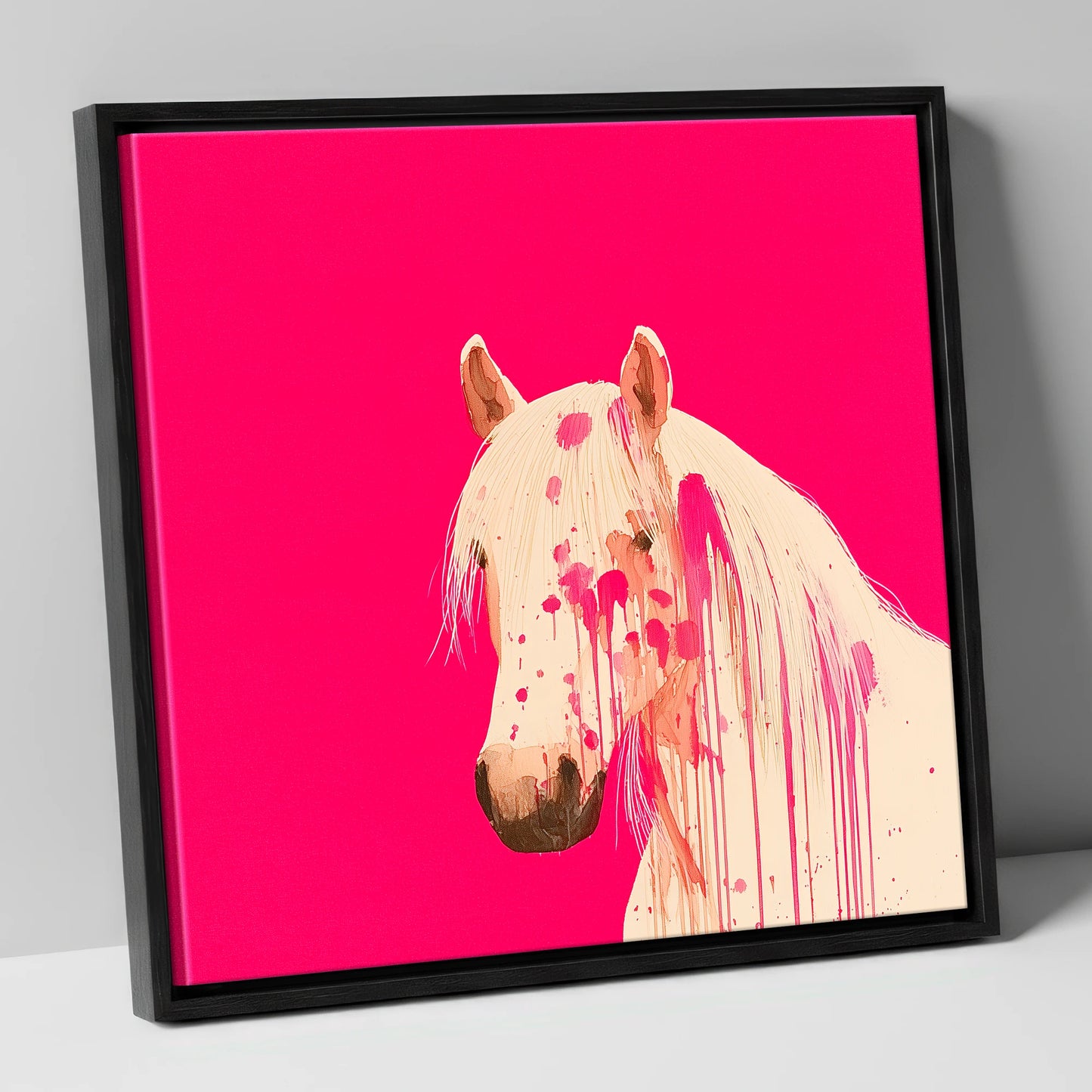 Modern Magenta Equine horse portrait canvas wall art in black frame