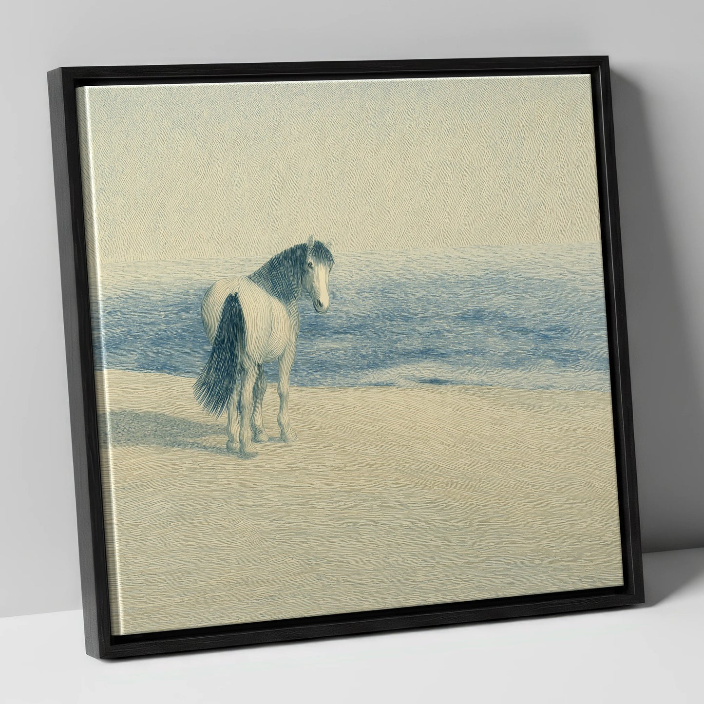 The Shoreline Gaze horse landscape canvas wall art in black frame