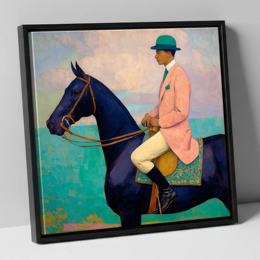 The Vivid Rider racing horse canvas wall art in black frame